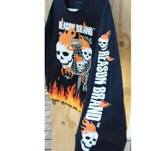 Reason Men Shirt L Black Flaming Skulls Bape Vlone Streetwear Hype Beast